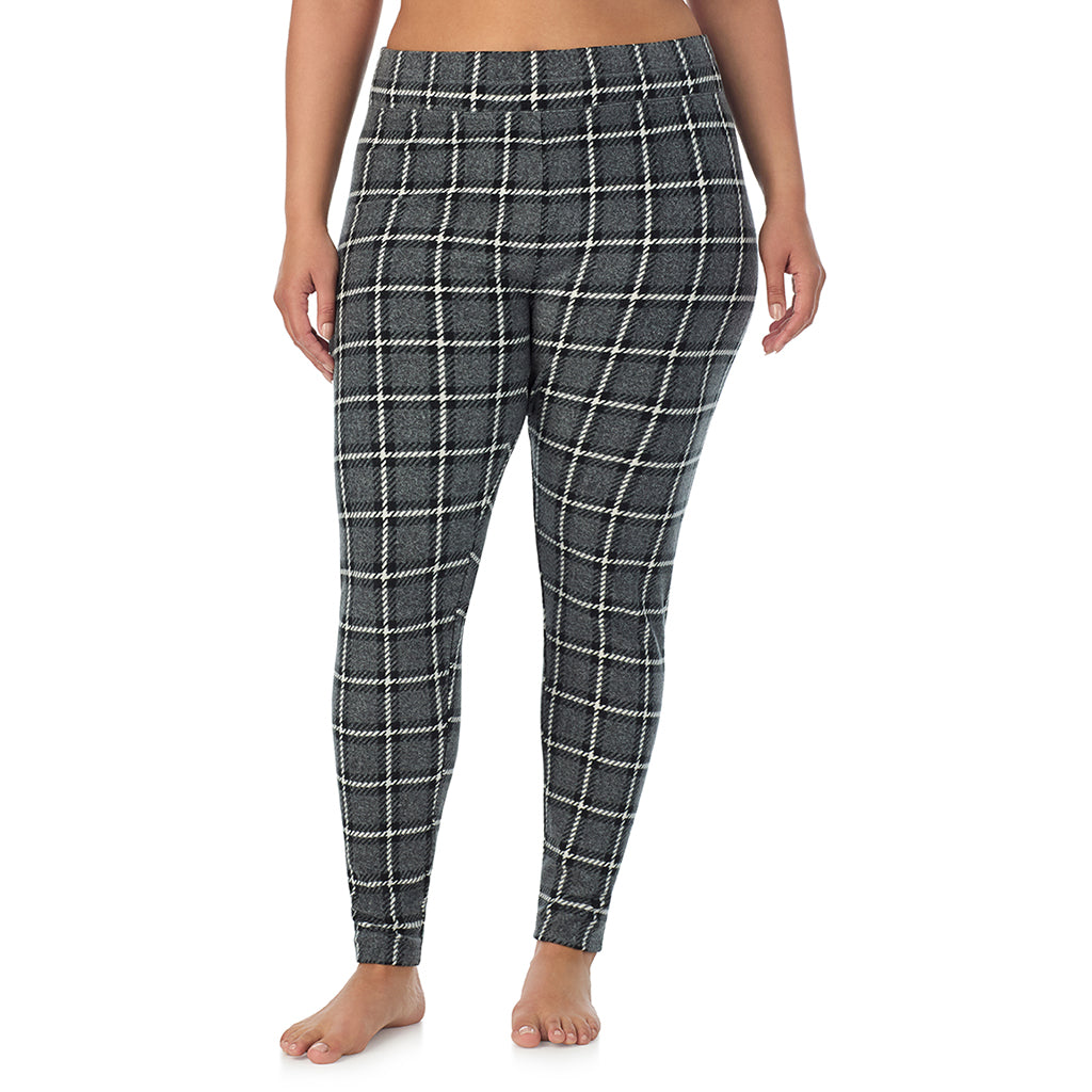 Grey Black Plaid; Model is wearing size 1X. She is 5'10", Bust 40", Waist 33", Hips 47"@ A Lady is wearing Grey Black Plaid Fleecewear With Stretch Legging PLUS !94% Recycled Polyester, 6% Spandex !