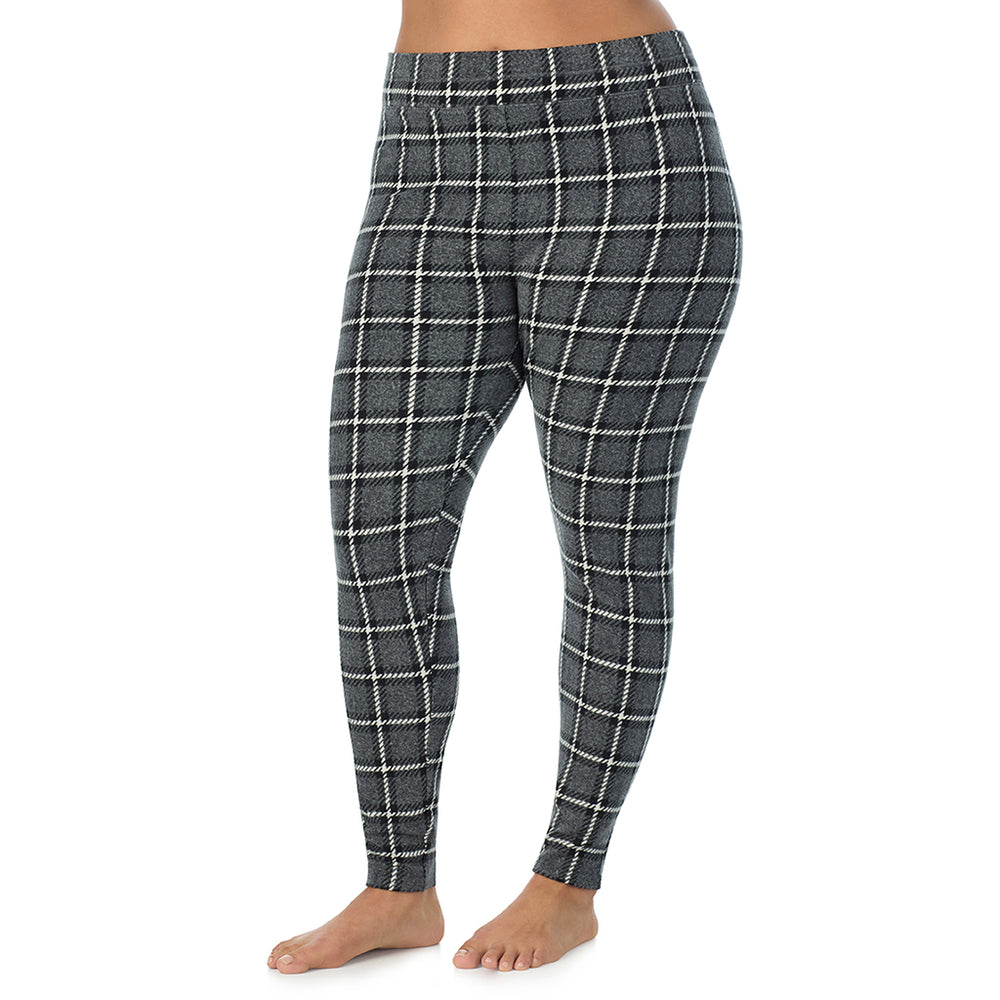 A Lady is wearing Grey Black Plaid Fleecewear With Stretch Legging PLUS !94% Recycled Polyester, 6% Spandex !
