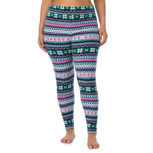  A Lady is wearing Green Pink Fairisle Fleecewear With Stretch Legging PLUS !94% Recycled Polyester, 6% Spandex !