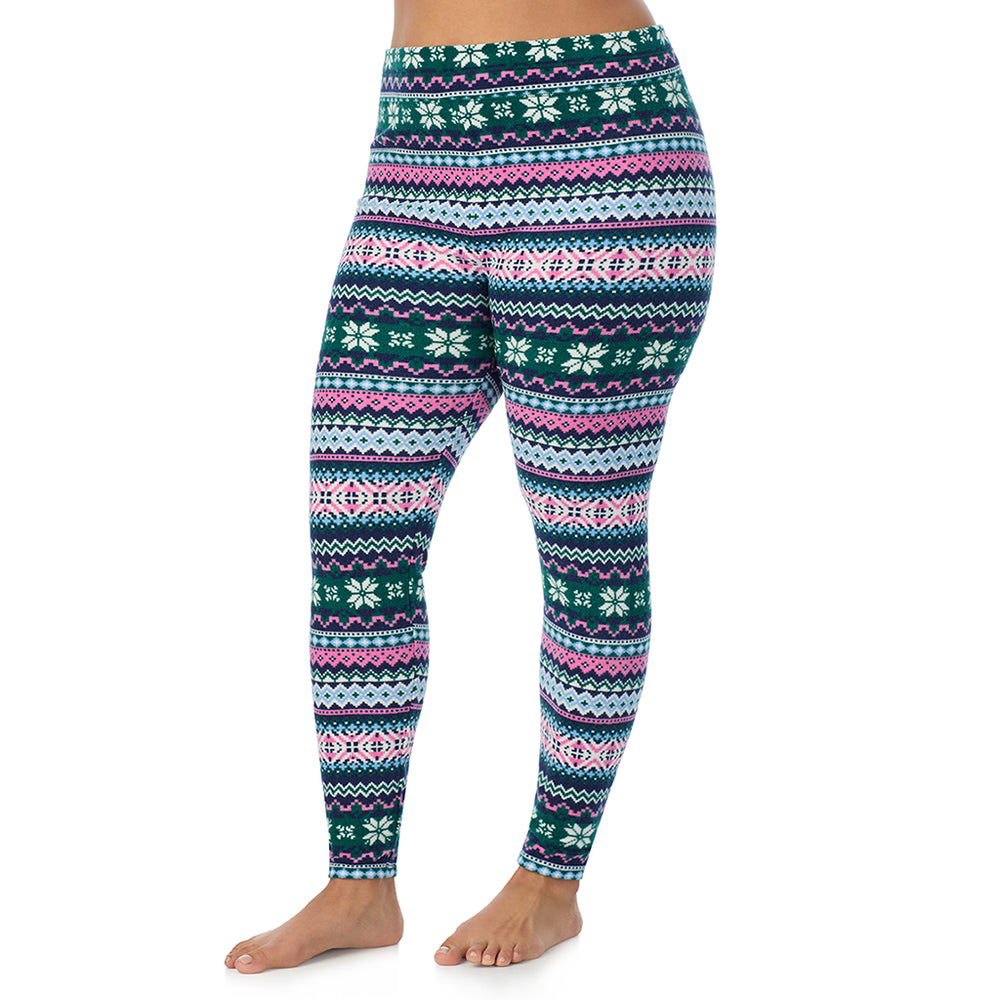 A Lady is wearing Green Pink Fairisle Fleecewear With Stretch Legging PLUS !94% Recycled Polyester, 6% Spandex !