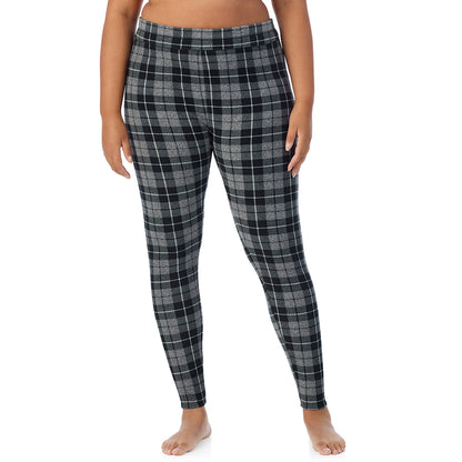 Charcoal Heather Tartan; Model is wearing size 1X. She is 5'11", Bust 36", Waist 36.5", Hips 47.5".@ A Lady is wearing Charcoal Heather Tartan Fleecewear With Stretch Legging PLUS !94% Recycled Polyester, 6% Spandex !