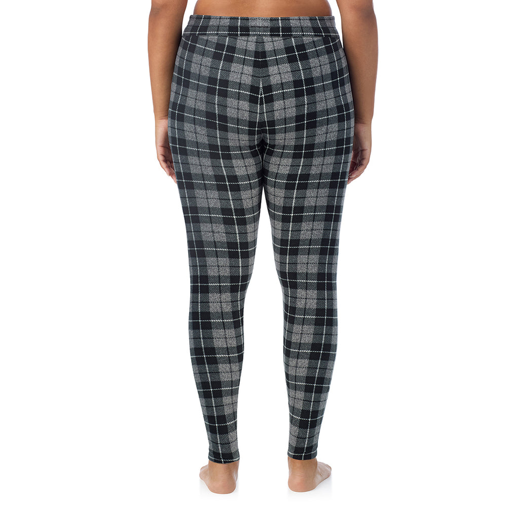 A Lady is wearing Charcoal Heather Tartan Fleecewear With Stretch Legging PLUS !94% Recycled Polyester, 6% Spandex !