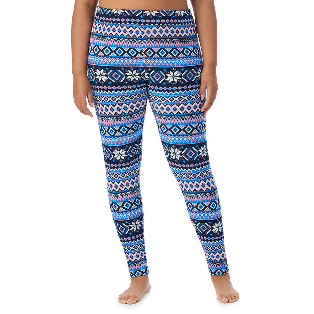 A Lady is wearing Blue Fairisle Fleecewear With Stretch Legging PLUS !94% Recycled Polyester, 6% Spandex !