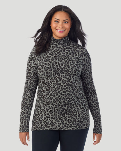  A plus size Lady wearing Charcoal Leopard Softwear With Stretch Long Sleeve Turtleneck PLUS in a front view pose