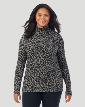  A plus size Lady wearing Charcoal Leopard Softwear With Stretch Long Sleeve Turtleneck PLUS in a front view pose
