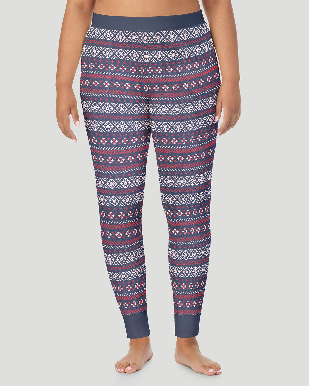 Medieval Blue Fairisle; Model is wearing size 1X. She is 5'10", Bust 44", Waist 36", Hips 49". @ A plus size Lady wearing Medieval Blue Fairisle  Cozy Stretch Thermal Legging PLUS in a front view pose