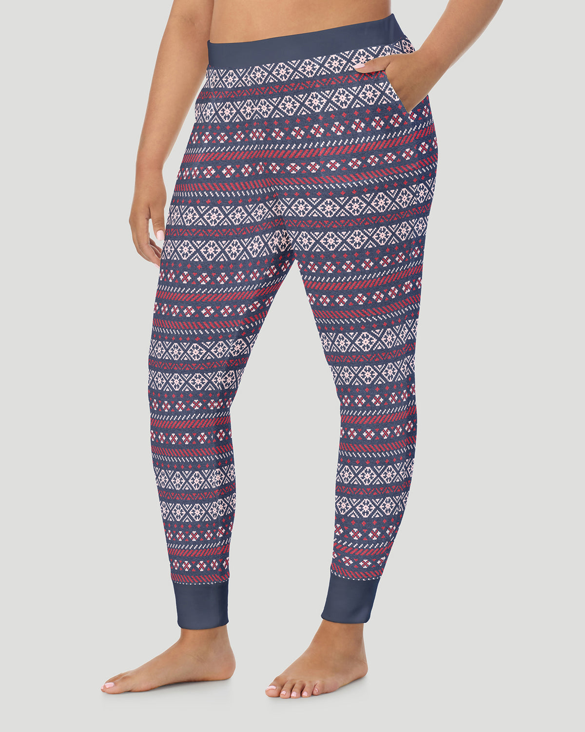  A plus size Lady wearing Medieval Blue Fairisle  Cozy Stretch Thermal Legging PLUS in a side view pose