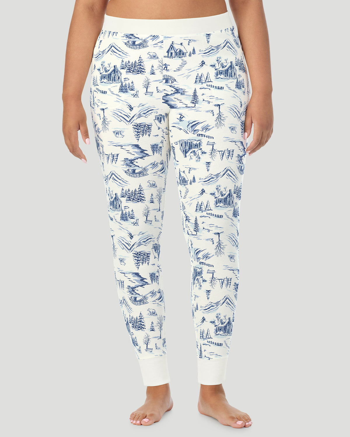  A plus size Lady wearing Blue Winter Toile Cozy Stretch Thermal Legging PLUS in a front view pose