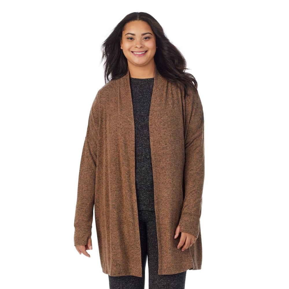 A Lady is wearing Marled Pecan Soft Knit Wrap PLUS