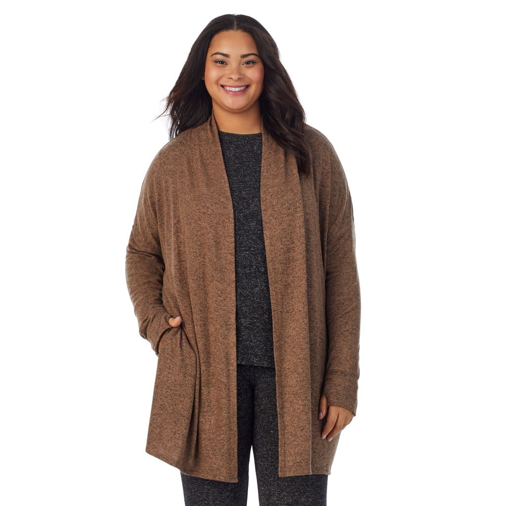  A Lady is wearing Marled Pecan Soft Knit Wrap PLUS