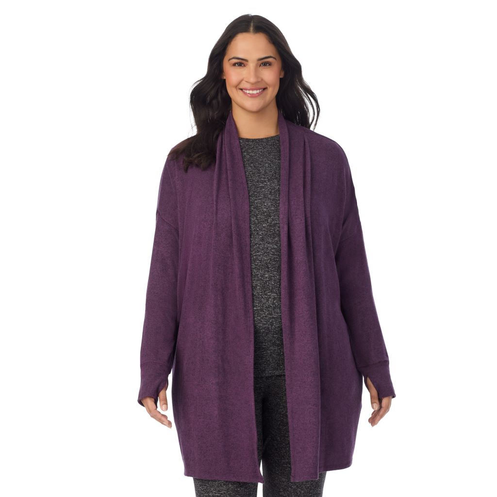  A Lady is wearing Marled Boysenberry Soft Knit Wrap PLUS