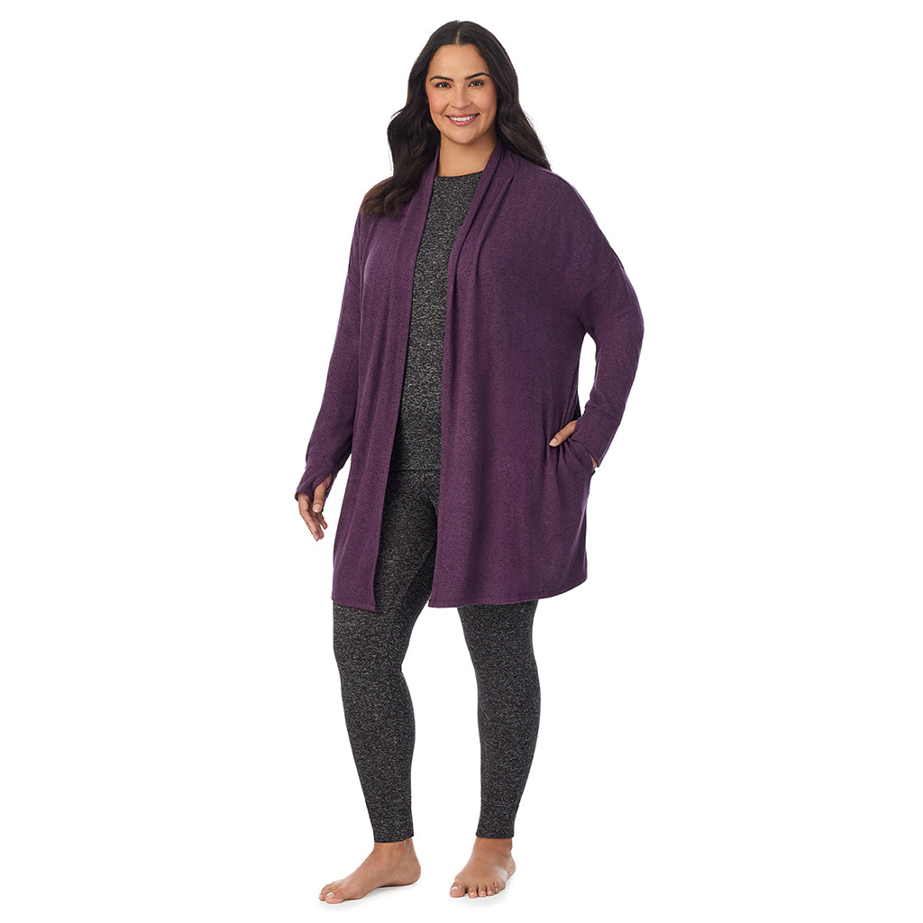 Marled Boysenberry; Model is wearing size 1X. She is 5'10", Bust 40", Waist 33", Hips 47"@ A Lady is wearing Marled Boysenberry Soft Knit Wrap PLUS