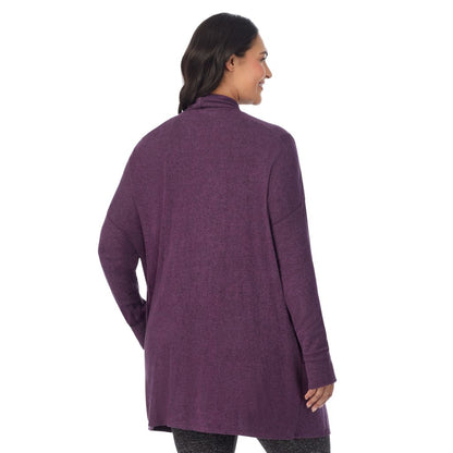 Marled Boysenberry; Model is wearing size 1X. She is 5'10", Bust 40", Waist 33", Hips 47"@ A Lady is wearing Marled Boysenberry Soft Knit Wrap PLUS