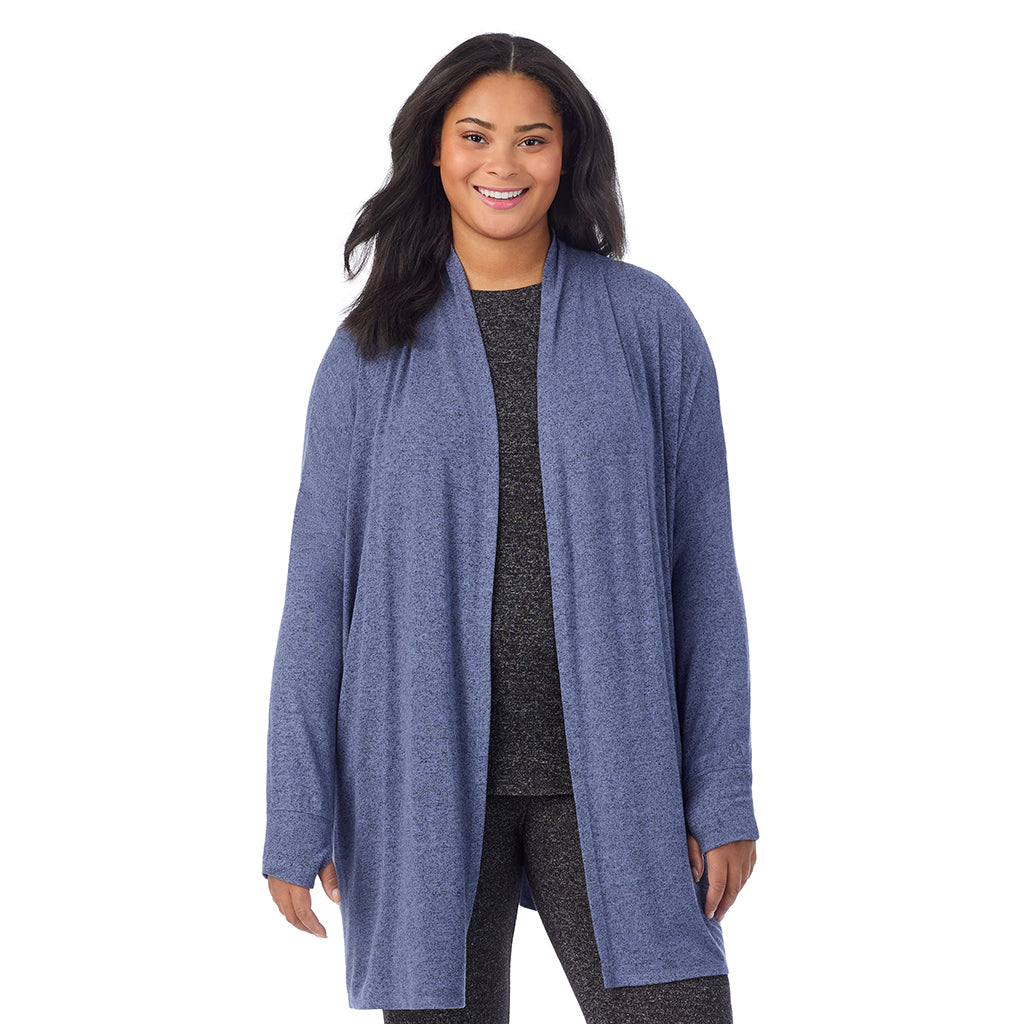  A Lady is wearing Marled Velvet Blue Soft Knit Wrap PLUS