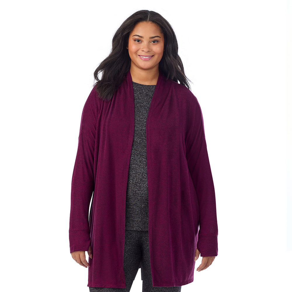 A Lady is wearing Marled Dark Purple Soft Knit Wrap PLUS
