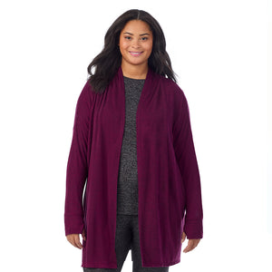  A Lady is wearing Marled Dark Purple Soft Knit Wrap PLUS