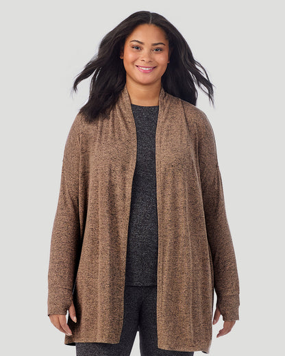  A plus size Lady wearing Marled Walnut Taupe SoftKnit Wrap PLUS in a front look closer view