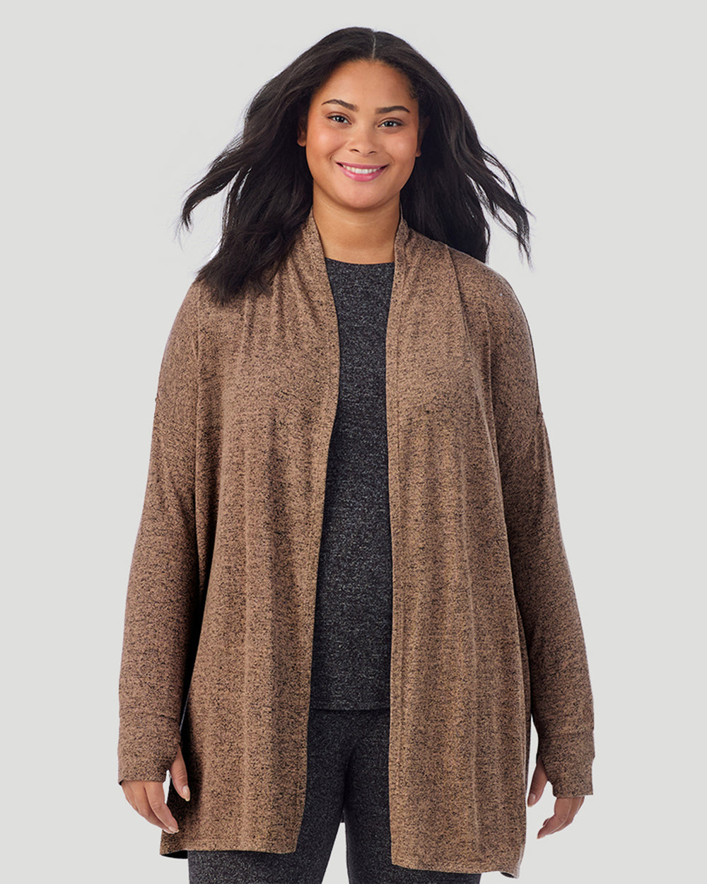 A plus size Lady wearing Marled Walnut Taupe SoftKnit Wrap PLUS in a front look closer view
