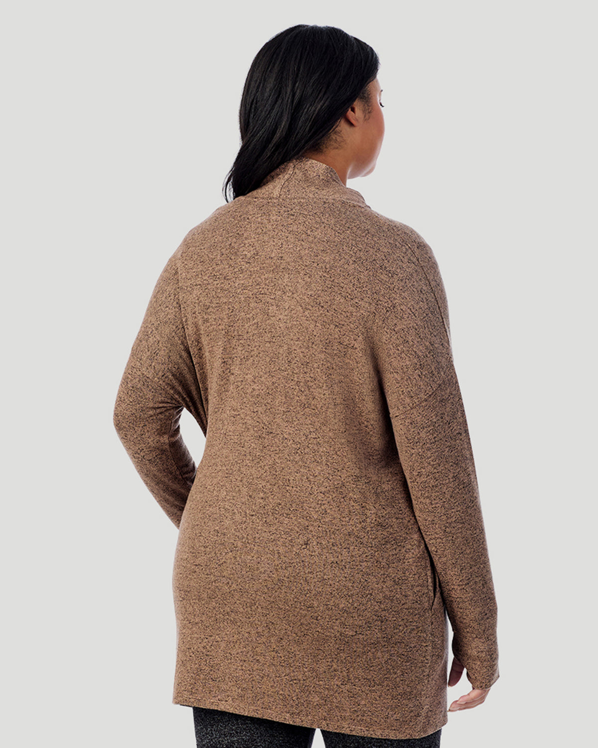  A plus size Lady wearing Marled Walnut Taupe SoftKnit Wrap PLUS in a back look closer view