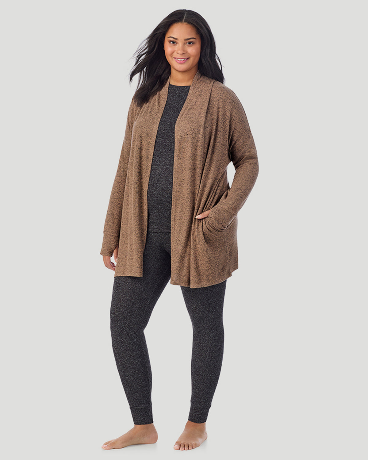 Marled Walnut Taupe; Model is wearing size 1X. She is 5'10", Bust 44", Waist 36", Hips 49". @ A plus size Lady wearing Marled Walnut Taupe SoftKnit Wrap PLUS in a front look standing view