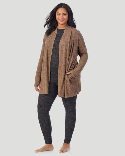  A plus size Lady wearing Marled Walnut Taupe SoftKnit Wrap PLUS in a front look standing view