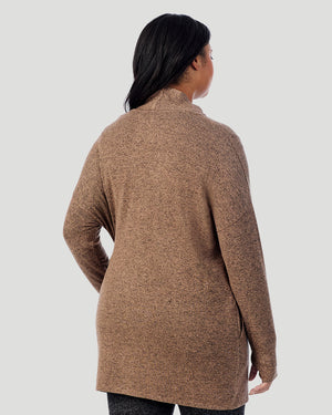  A plus size Lady wearing Marled Walnut Taupe SoftKnit Wrap PLUS in a back look closer view