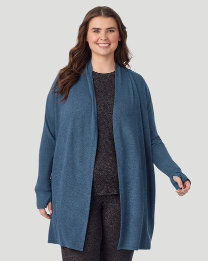  A plus size Lady wearing Deep Chambray SoftKnit Wrap PLUS in a front look closer view