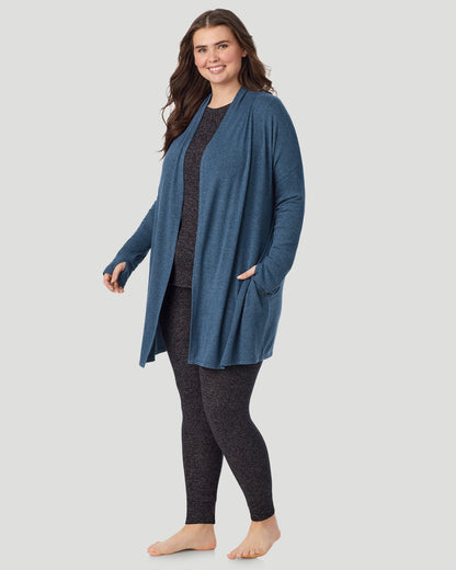  A plus size Lady wearing Deep Chambray SoftKnit Wrap PLUS in a front look standing view