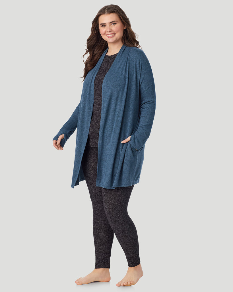  A plus size Lady wearing Deep Chambray SoftKnit Wrap PLUS in a front look standing view