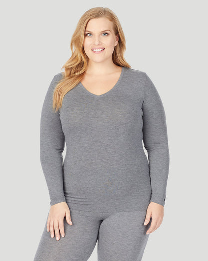 A lady wearing Softwear With Stretch Long Sleeve V-Neck PLUS in Charcoal Heather  