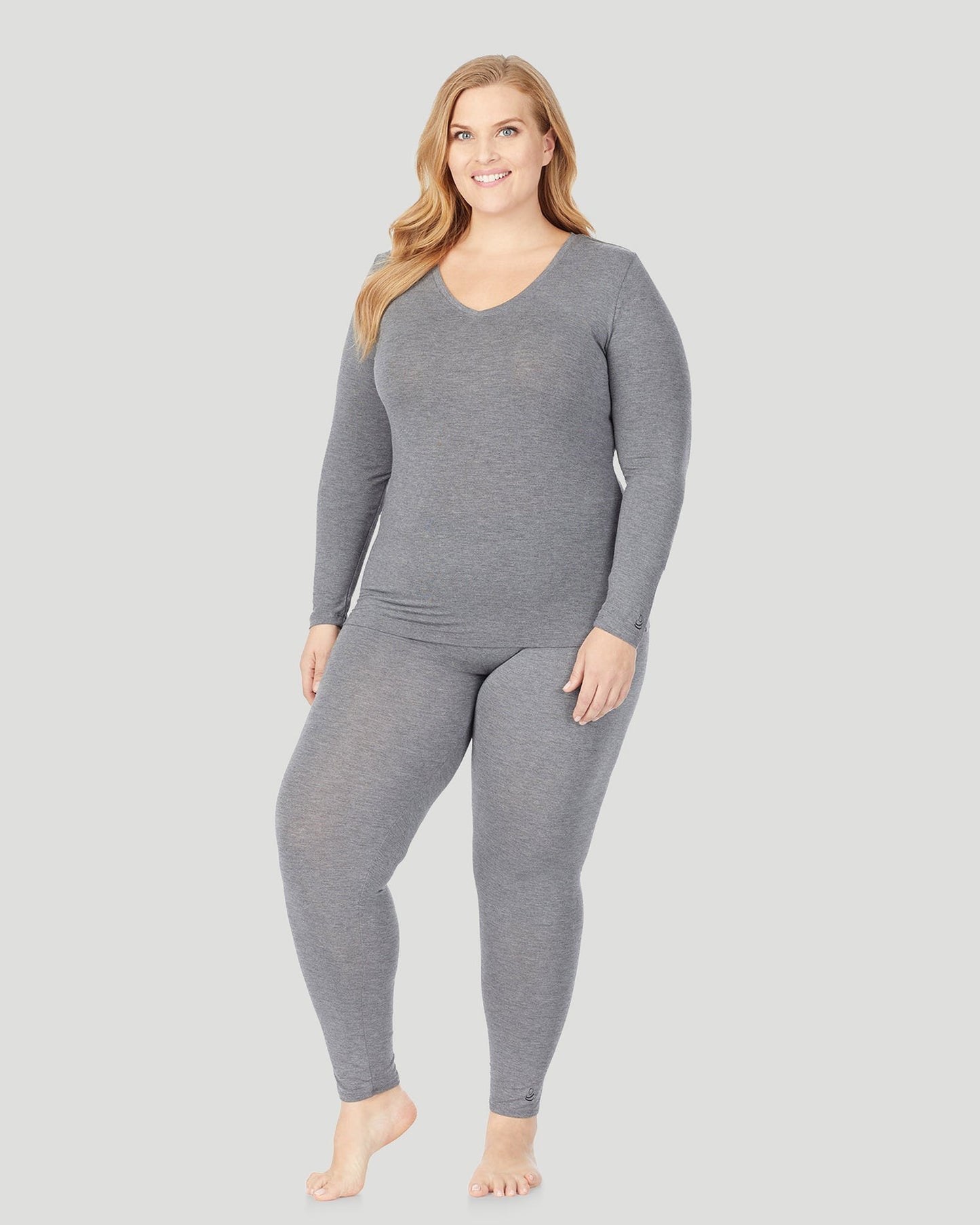 Charcoal Heather;@A lady wearing Softwear With Stretch Long Sleeve V-Neck PLUS in Charcoal Heather side view side view