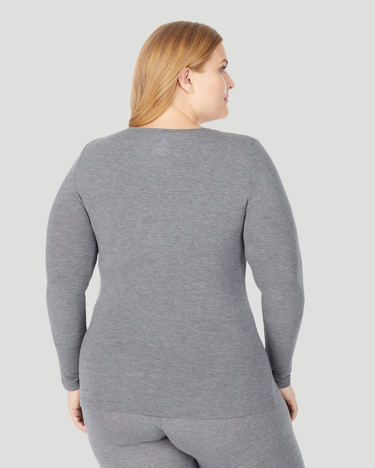 A lady wearing Softwear With Stretch Long Sleeve V-Neck PLUS in Charcoal Heather back view back view