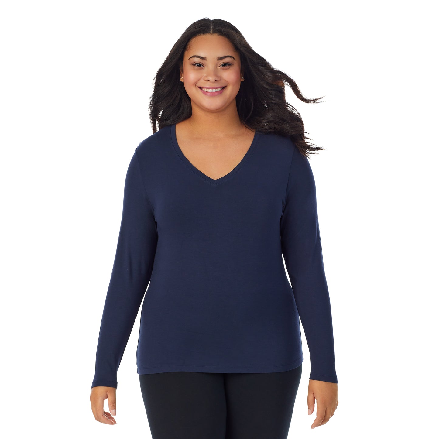 Navy Blazer; Model is wearing size 1X. She is 5'11", Bust 36", Waist 36.5", Hips 47.5". @A lady wearing navy blazer long sleeve v-neck plus softwer with stretch top.