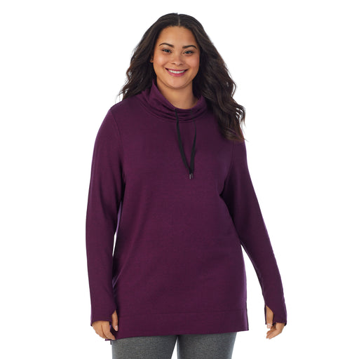 Purple Beet Heather;Model is wearing size 1X. She is 5’11”, Bust 36”, Waist 36.5”, Hips 47.5”.@A lady wearing Ultra Cozy Long Sleeve Cowl Neck Tunic PLUS