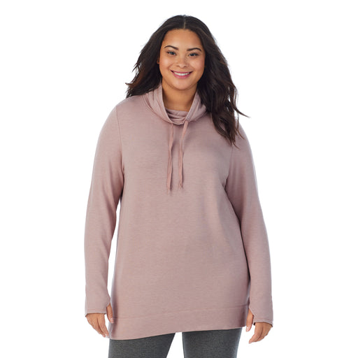 Mauve Shadow Heather;Model is wearing size 1X. She is 5’11”, Bust 36”, Waist 36.5”, Hips 47.5”.@A lady wearing Ultra Cozy Long Sleeve Cowl Neck Tunic PLUS