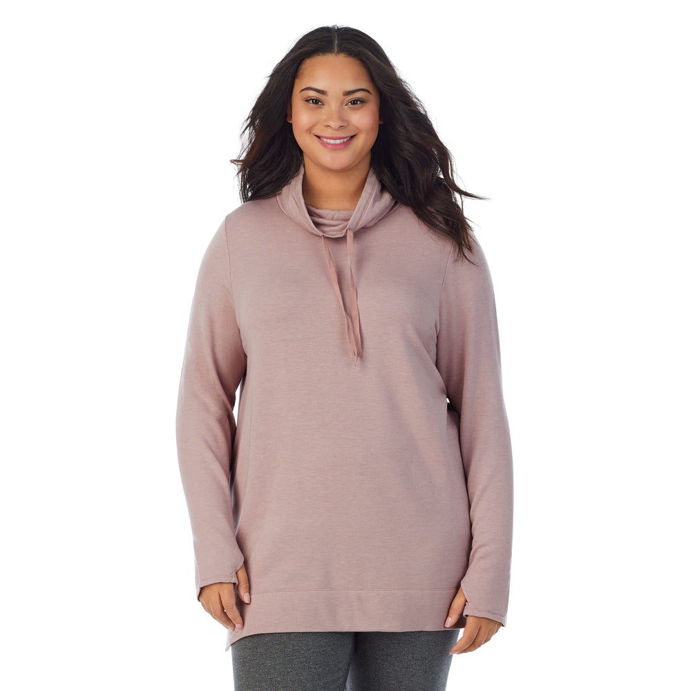 A lady wearing Ultra Cozy Long Sleeve Cowl Neck Tunic PLUS