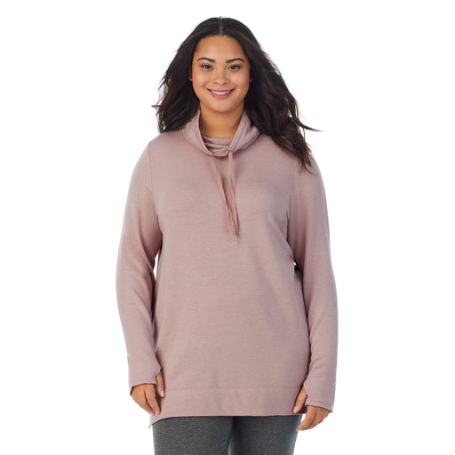 Mauve Shadow Heather;Model is wearing size 1X. She is 5’11”, Bust 36”, Waist 36.5”, Hips 47.5”.@A lady wearing Ultra Cozy Long Sleeve Cowl Neck Tunic PLUS