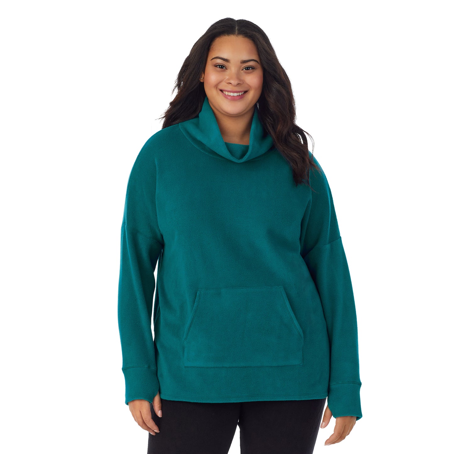 Teal Lagoon;Model is wearing size 1X. She is 5’11”, Bust 36”, Waist 36.5”, Hips 47.5”.@A lady wearing teal lagoon fleecewear with stretch lounge long sleeve tunic plus.