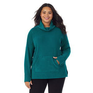 A lady wearing teal lagoon fleecewear with stretch lounge long sleeve tunic plus.