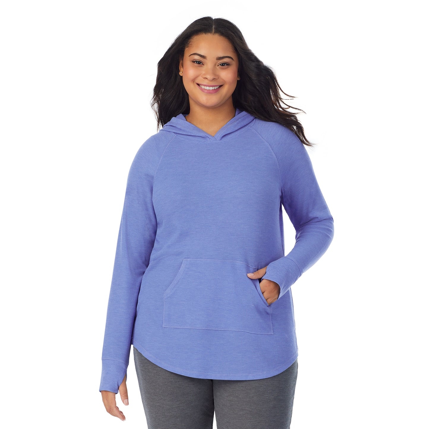 Ultramarine Heather; Model is wearing size 1X. She is 5’11”, Bust 36”, Waist 36.5”, Hips 47.5”. @A lady wearing a Ultramarine Heather long sleeve hoodie tunic plus.