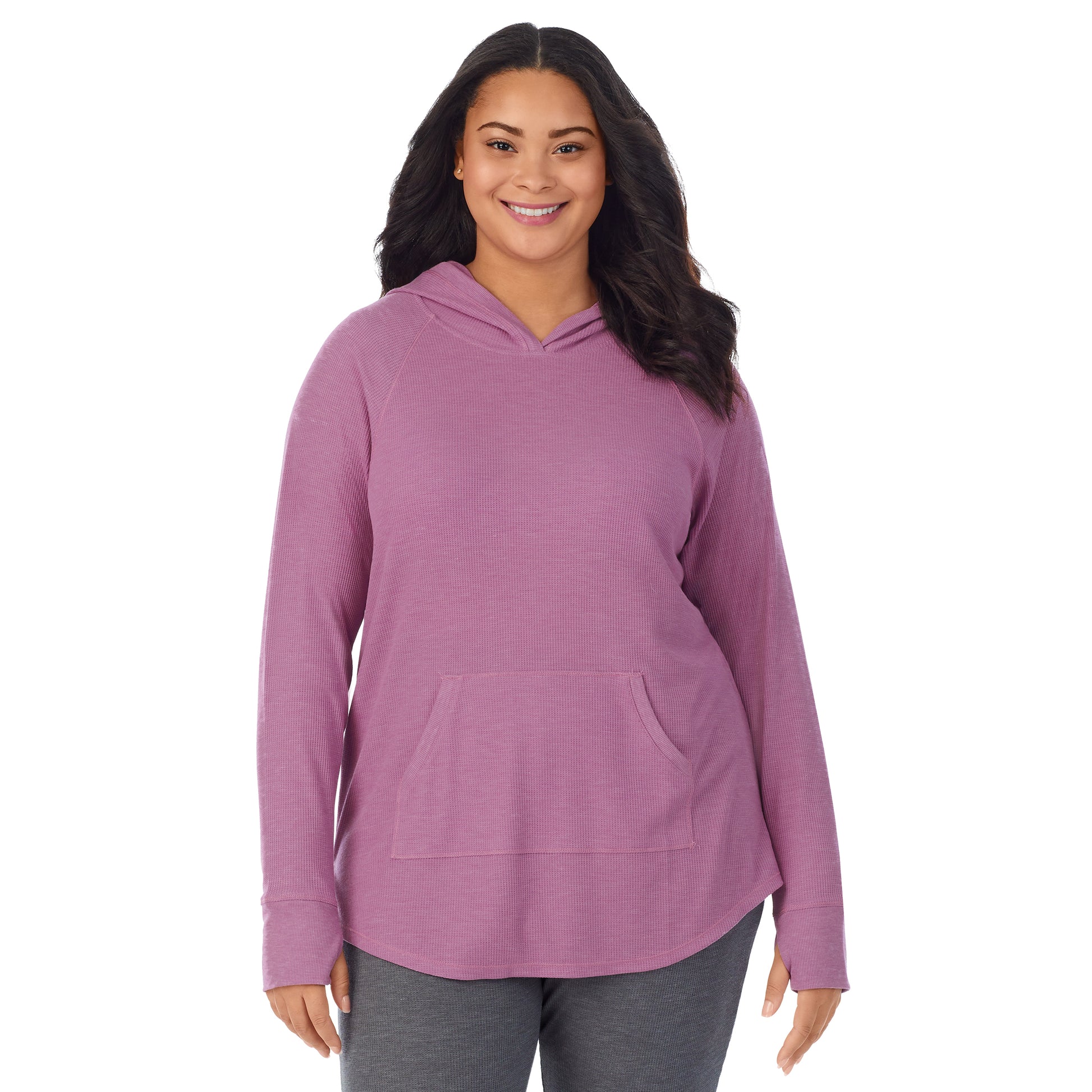 Mulberry Mist Heather; Model is wearing size 1X. She is 5’11”, Bust 36”, Waist 36.5”, Hips 47.5”. @A lady wearing a Mulberry Mist Heather long sleeve hoodie tunic plus.
