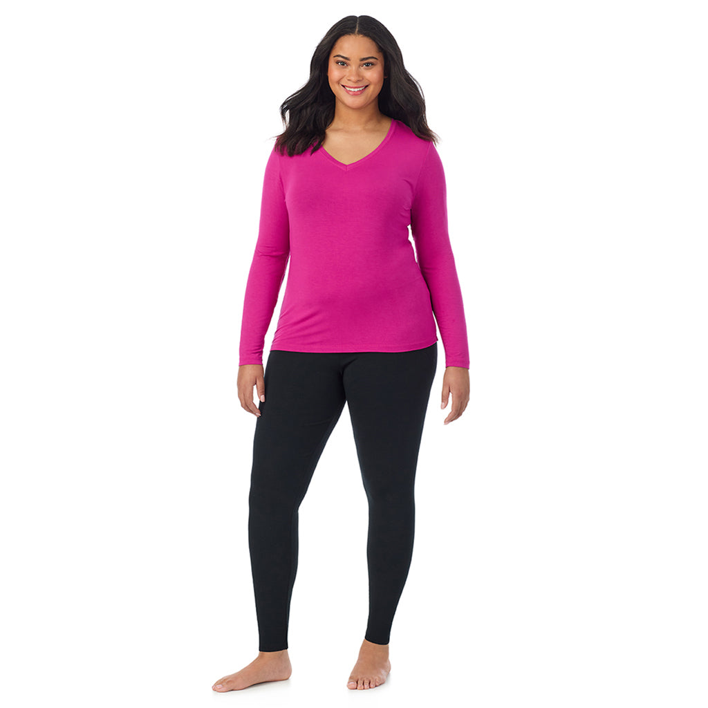 Deep Fuschia; Model is wearing size 1X. She is 5'11", Bust 36", Waist 36.5", Hips 47.5". @A lady wearing deep fuschia long sleeve v-neck plus softwer with stretch top.