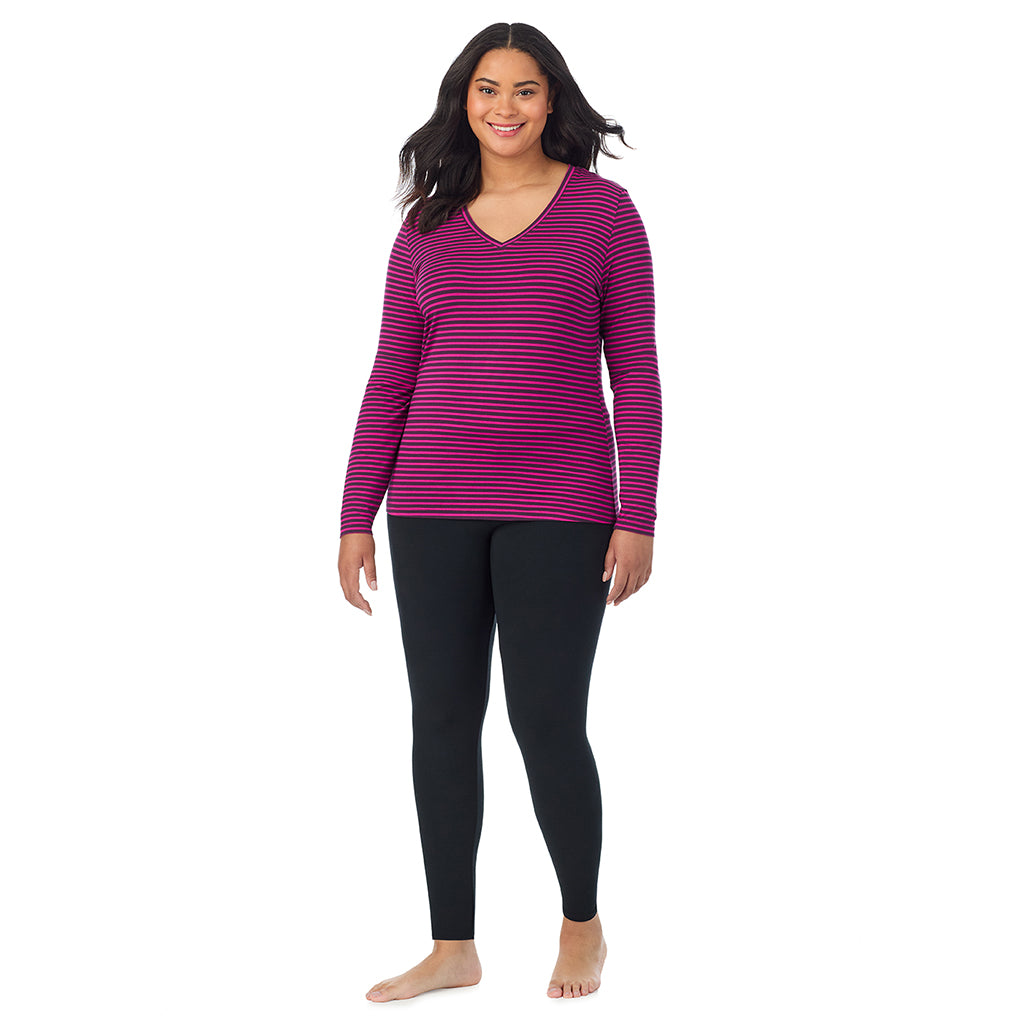 Fuchsia Stripe; Model is wearing size 1X. She is 5'11", Bust 36", Waist 36.5", Hips 47.5". @A lady wearing fuchsia stripe long sleeve v-neck plus softwer with stretch top.