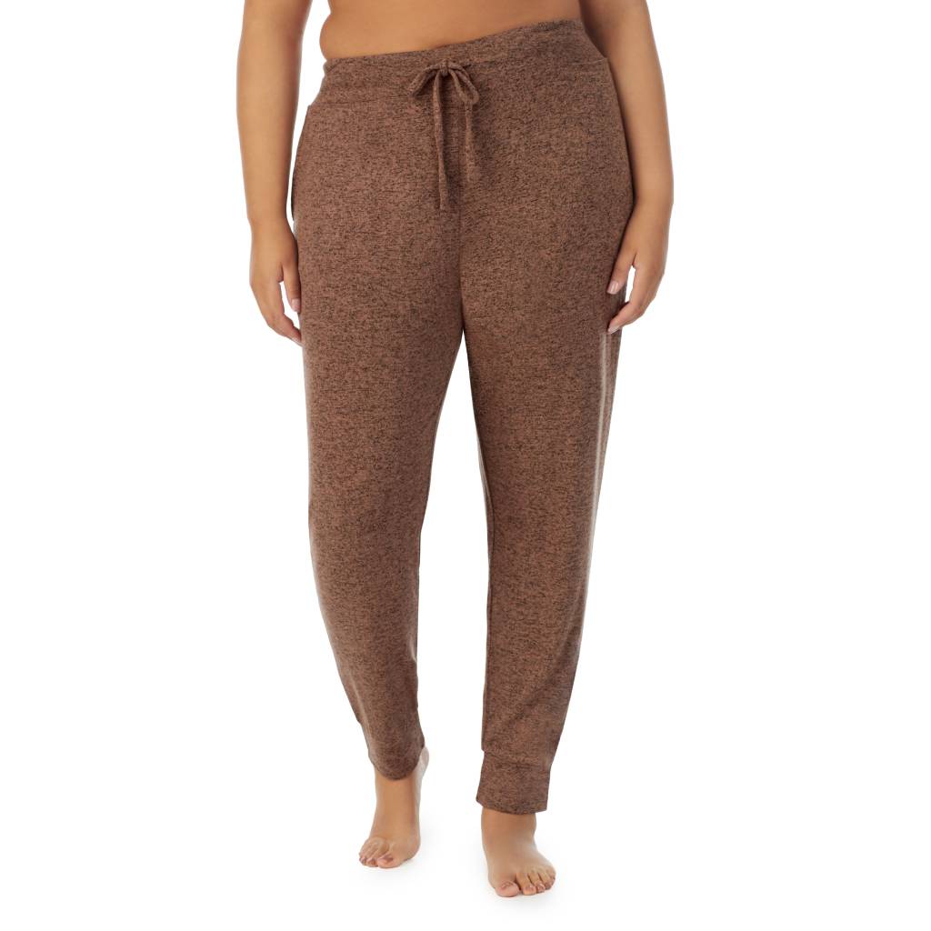 Marled Pecan; Model is wearing size 1X. She is 5'10", Bust 40", Waist 33", Hips 47"@ A Lady is wearing Marled Pecan Soft Knit Jogger PLUS