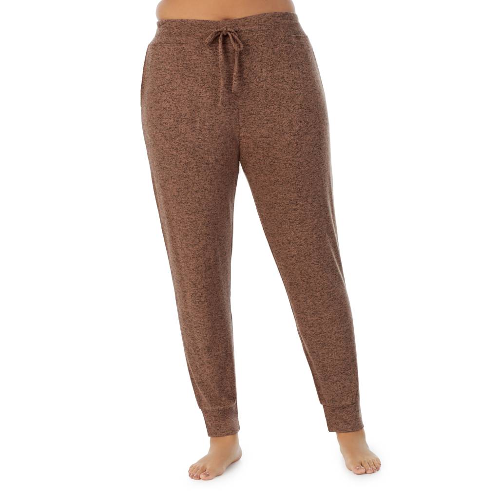 Marled Pecan; Model is wearing size 1X. She is 5'10", Bust 40", Waist 33", Hips 47"@ A Lady is wearing Marled Pecan Soft Knit Jogger PLUS