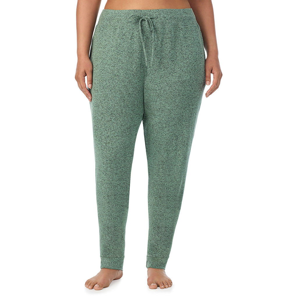 Marled Soft Olive; Model is wearing size 1X. She is 5'10", Bust 40", Waist 33", Hips 47"@ A Lady is wearing Marled Soft Olive Soft Knit Jogger PLUS