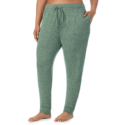 Marled Soft Olive; Model is wearing size 1X. She is 5'10", Bust 40", Waist 33", Hips 47"@ A Lady is wearing Marled Soft Olive Soft Knit Jogger PLUS