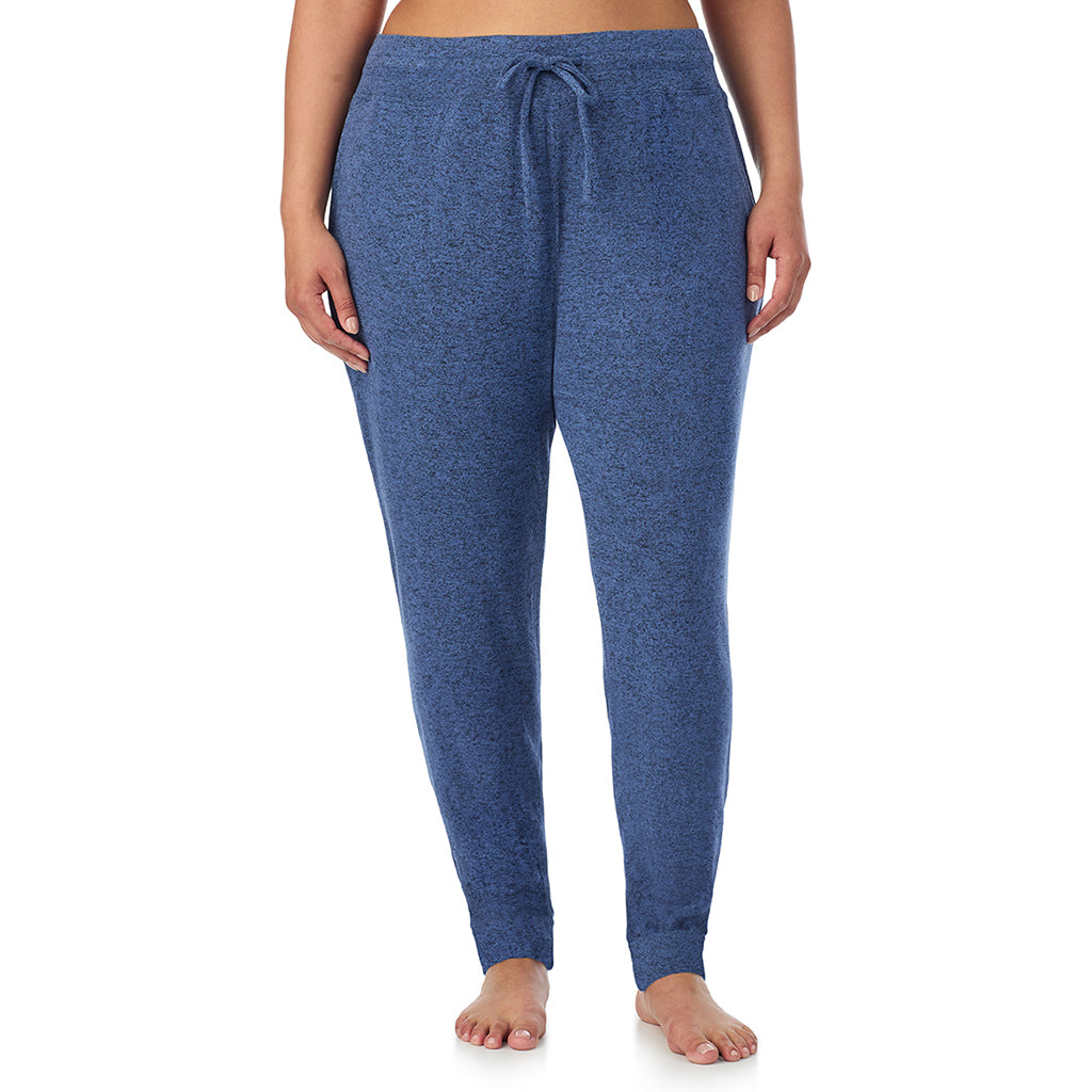 Marled Smoke Blue; Model is wearing size 1X. She is 5'10", Bust 40", Waist 33", Hips 47"@ A Lady is wearing Marled Smoke Blue Soft Knit Jogger PLUS