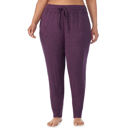 Marled Boysenberry; Model is wearing size 1X. She is 5'10", Bust 40", Waist 33", Hips 47"@ A Lady is wearing Marled Boysenberry Soft Knit Jogger PLUS