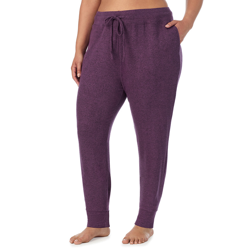 Marled Boysenberry; Model is wearing size 1X. She is 5'10", Bust 40", Waist 33", Hips 47"@ A Lady is wearing Marled Boysenberry Soft Knit Jogger PLUS